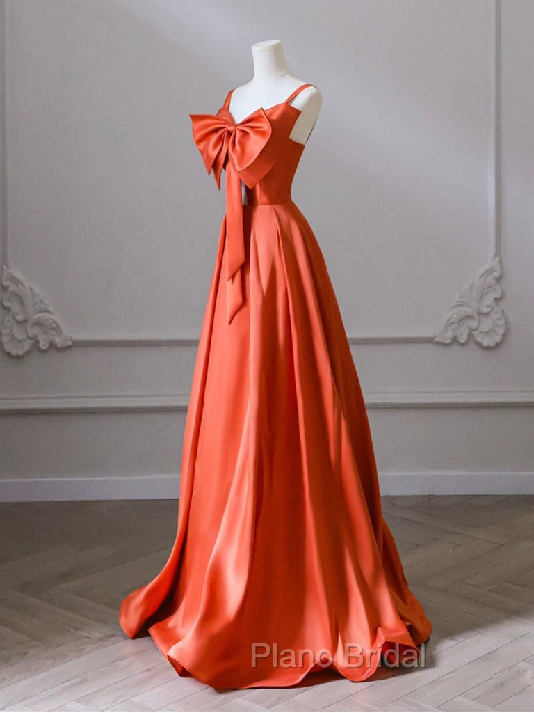 A-Line Orange Satin Long Formal Prom Dresses, Orange Long Evening Dresses