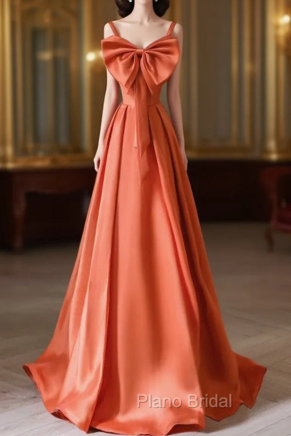 A-Line Orange Satin Long Formal Prom Dresses, Orange Long Evening Dresses