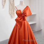 A Line Orange Satin Formal Prom Dresses Sweet Bow Birthday Party Dresses