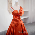 A Line Orange Satin Formal Prom Dresses Sweet Bow Birthday Party Dresses