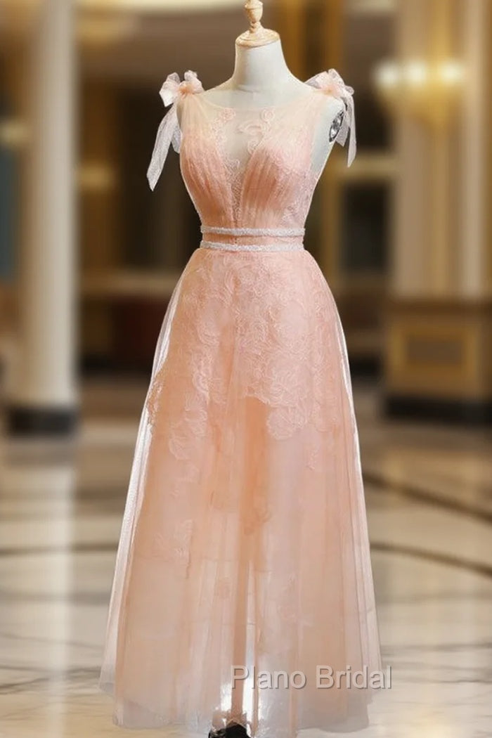 A-Line Orange Tulle Appliques Bateau Pleats Formal Prom Dresses With Beading