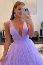 A-line Orange V-Neck Tulle Long Prom Dress
