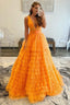 A-line Orange V-Neck Tulle Long Prom Dress