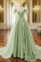 A-Line Organza Green Long Formal Prom Dresses, Green Long Graduation Dresses