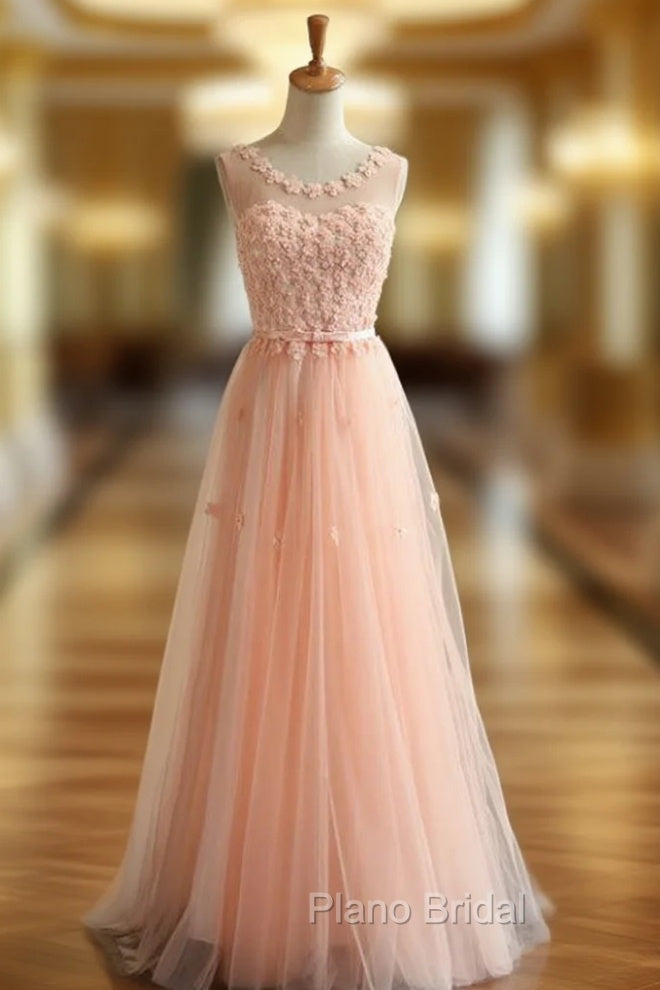 A-line Pink Appliques Tulle Bridesmaid Dresses Main image