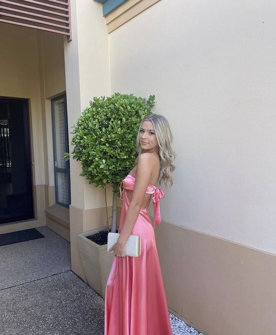 A Line Pink Backless Prom Dresses Long Pink Formal Prom Dresses Main image