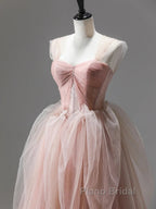 A Line Pink Corset Long Tulle Formal Prom Dresses With Ruffles