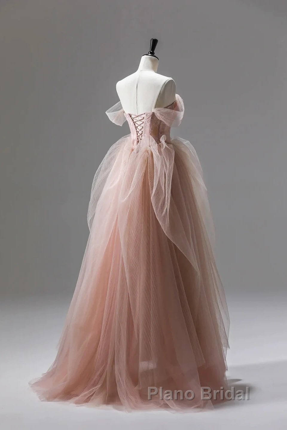 A Line Pink Corset Long Tulle Formal Prom Dresses With Ruffles