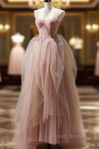 A Line Pink Corset Long Tulle Formal Prom Dresses With Ruffles