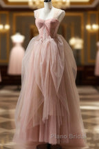 A Line Pink Corset Long Tulle Formal Prom Dresses With Ruffles