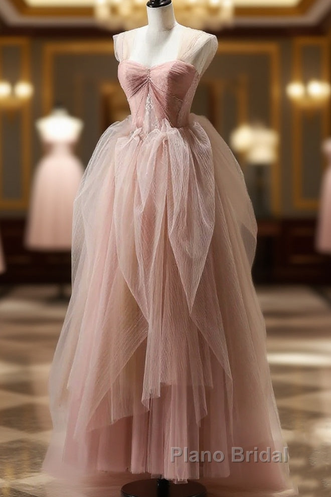 A Line Pink Corset Long Tulle Formal Prom Dresses With Ruffles