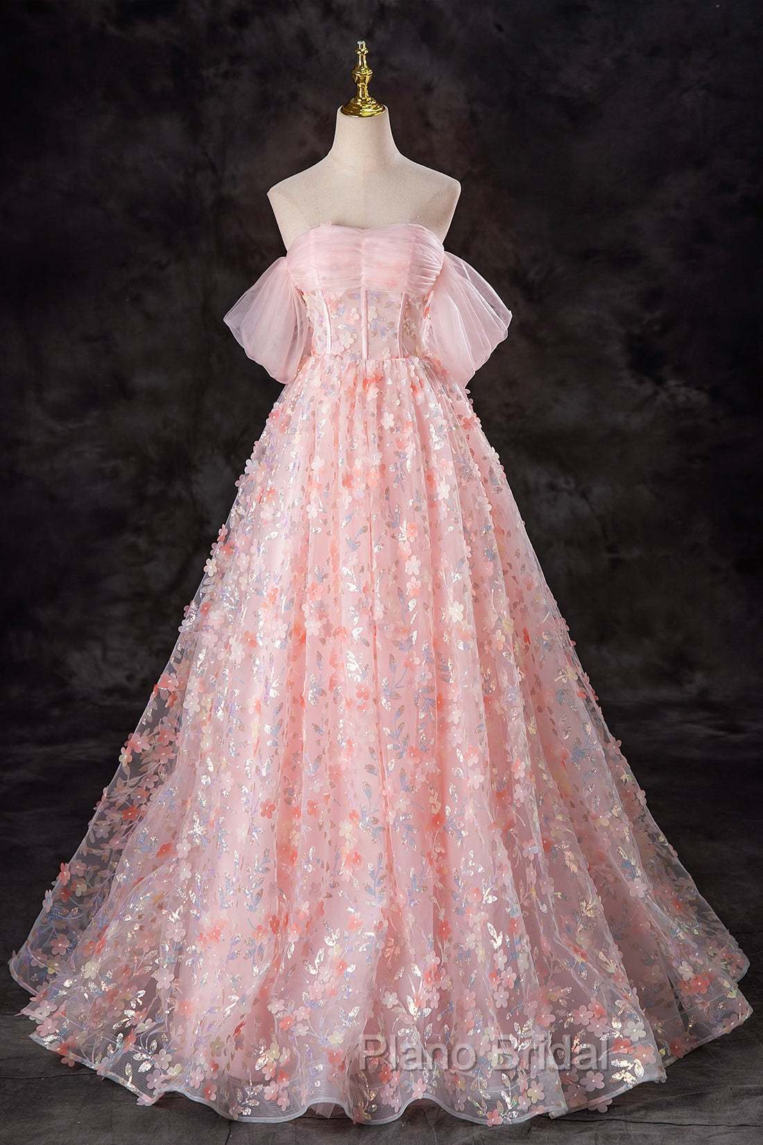 A-Line Pink Flowers Tulle Long Princess Dresses, Off the Shoulder Formal Evening Dresses