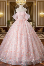 A-Line Pink Flowers Tulle Long Princess Dresses, Off the Shoulder Formal Evening Dresses