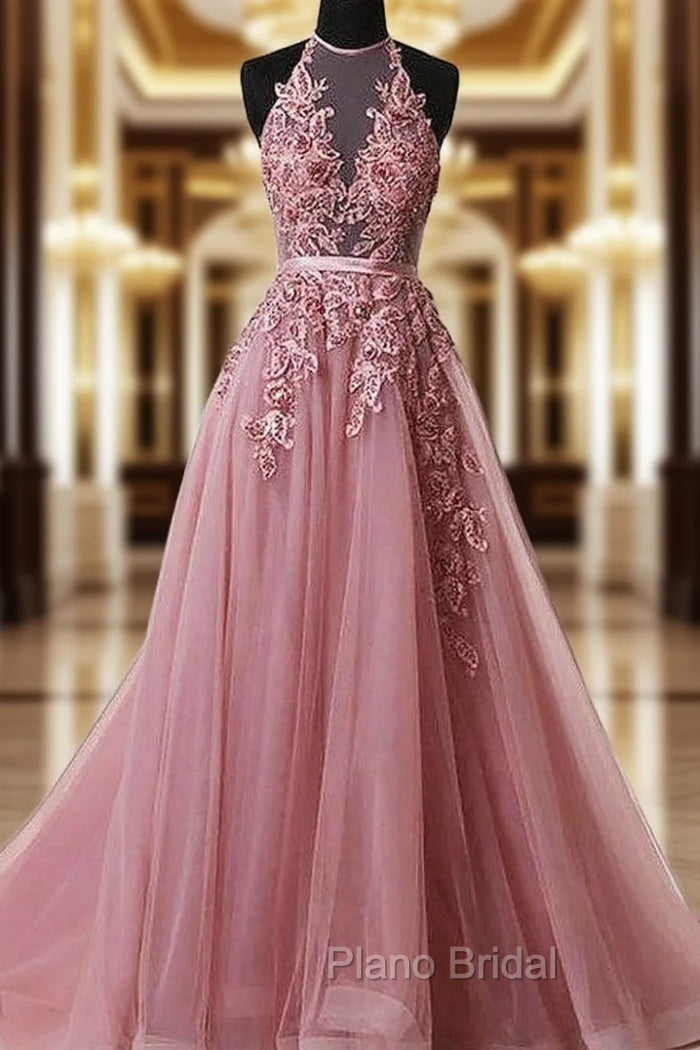 A-Line Pink Halter Sleeveless Applique Tulle Formal Prom Dresses