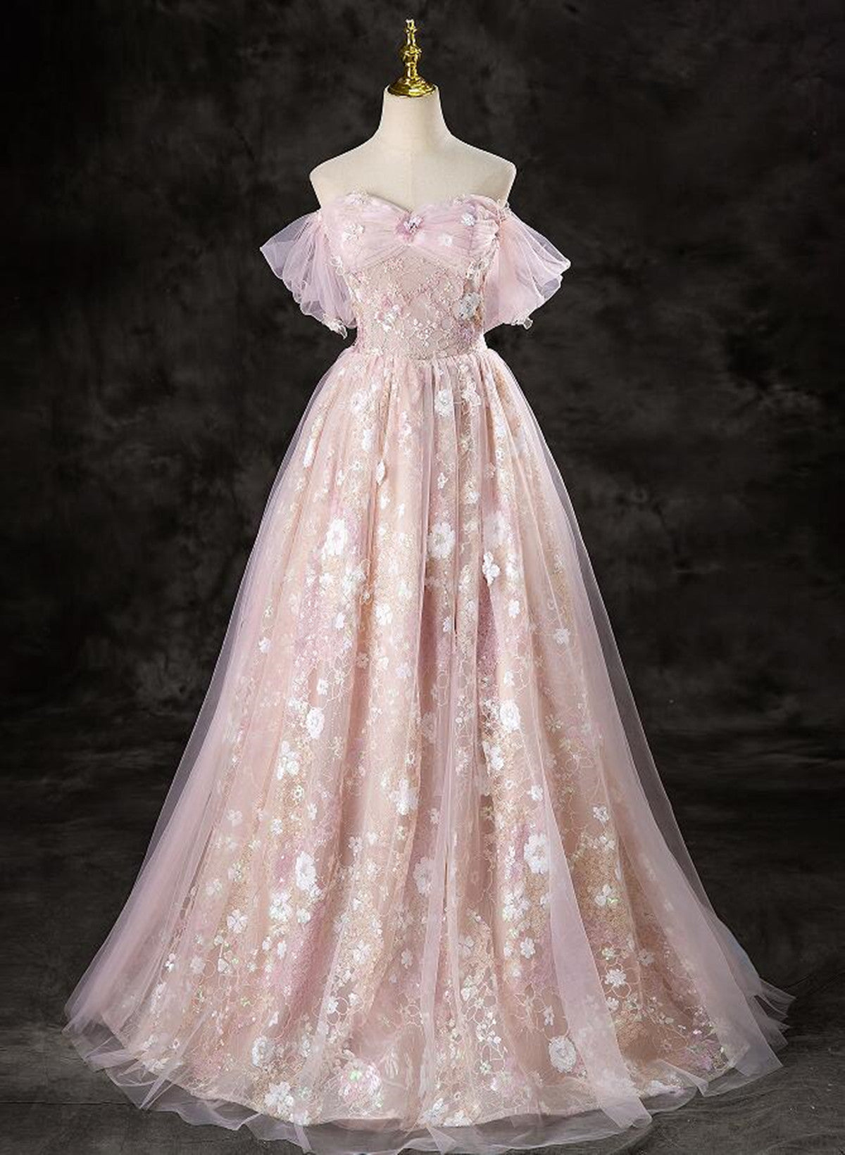 A-Line Pink Lace And Tulle Sweetheart Party Dresses, Pink Tulle Formal Prom Dresses Main image