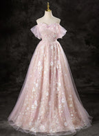 A-Line Pink Lace And Tulle Sweetheart Party Dresses, Pink Tulle Formal Prom Dresses