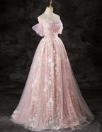 A-Line Pink Lace And Tulle Sweetheart Party Dresses, Pink Tulle Formal Prom Dresses