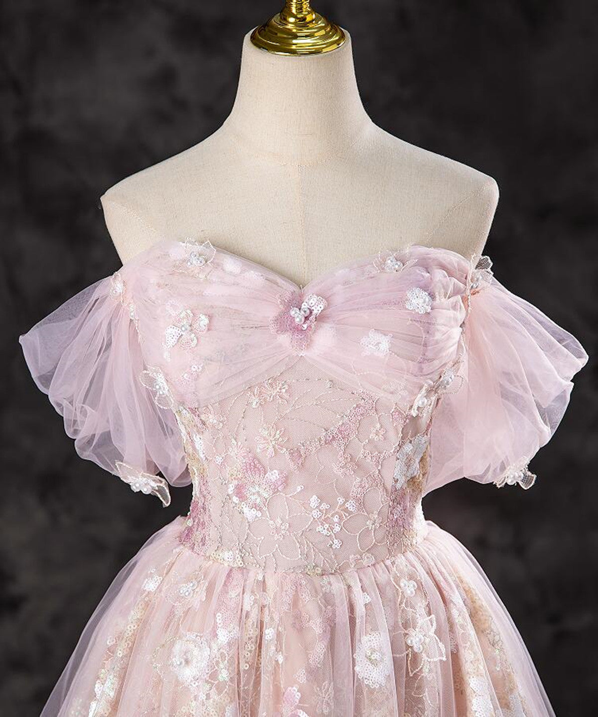 A-Line Pink Lace And Tulle Sweetheart Party Dresses, Pink Tulle Formal Prom Dresses
