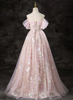 A-Line Pink Lace And Tulle Sweetheart Party Dresses, Pink Tulle Formal Prom Dresses