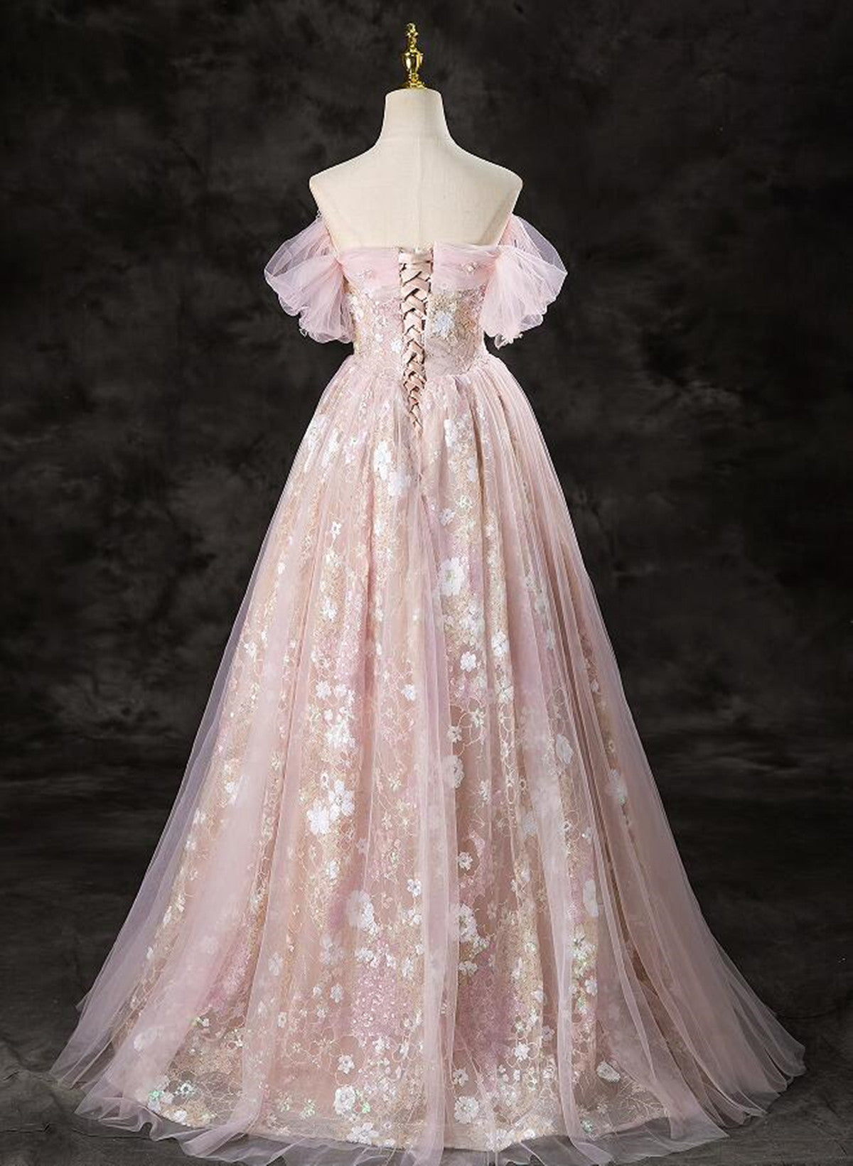 A-Line Pink Lace And Tulle Sweetheart Party Dresses, Pink Tulle Formal Prom Dresses