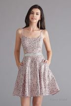A-Line Pink Leopard Sequins Spaghetti Straps Cross Back Homecoming Dresses