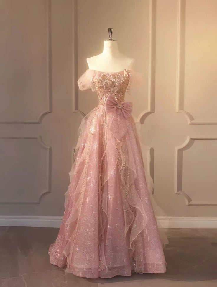 A Line Pink Long Party Dresses Glam Formal Prom Dresses Formal Gown