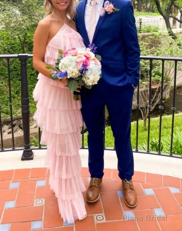 a-line pink long prom dress , unique prom dress Main image