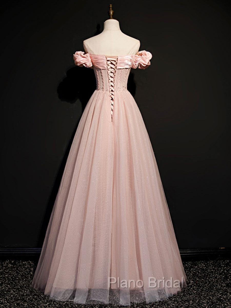 A line Pink Long Formal Prom Dresses, Pink Tulle Formal Graduation Dresses With Beading Secondary image