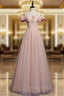 A line Pink Long Formal Prom Dresses, Pink Tulle Formal Graduation Dresses With Beading