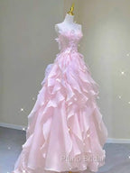 A Line Pink Long Formal Prom Dresses,Strapless Evening Gown