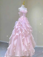A Line Pink Long Formal Prom Dresses,Strapless Evening Gown