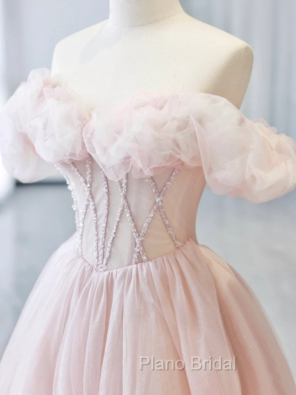 A-line Pink Off Shoulder Beaded Sweetheart Party Dresses, Pink Tulle Formal Prom Dresses