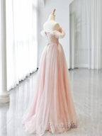 A-line Pink Off Shoulder Beaded Sweetheart Party Dresses, Pink Tulle Formal Prom Dresses
