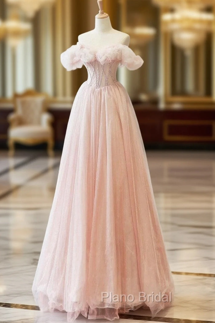 A-line Pink Off Shoulder Beaded Sweetheart Party Dresses, Pink Tulle Formal Prom Dresses