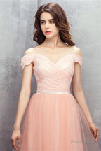 A-line Pink Off Shoulder Lace Prom Dresses