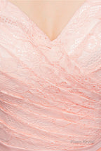 A-line Pink Off Shoulder Lace Prom Dresses