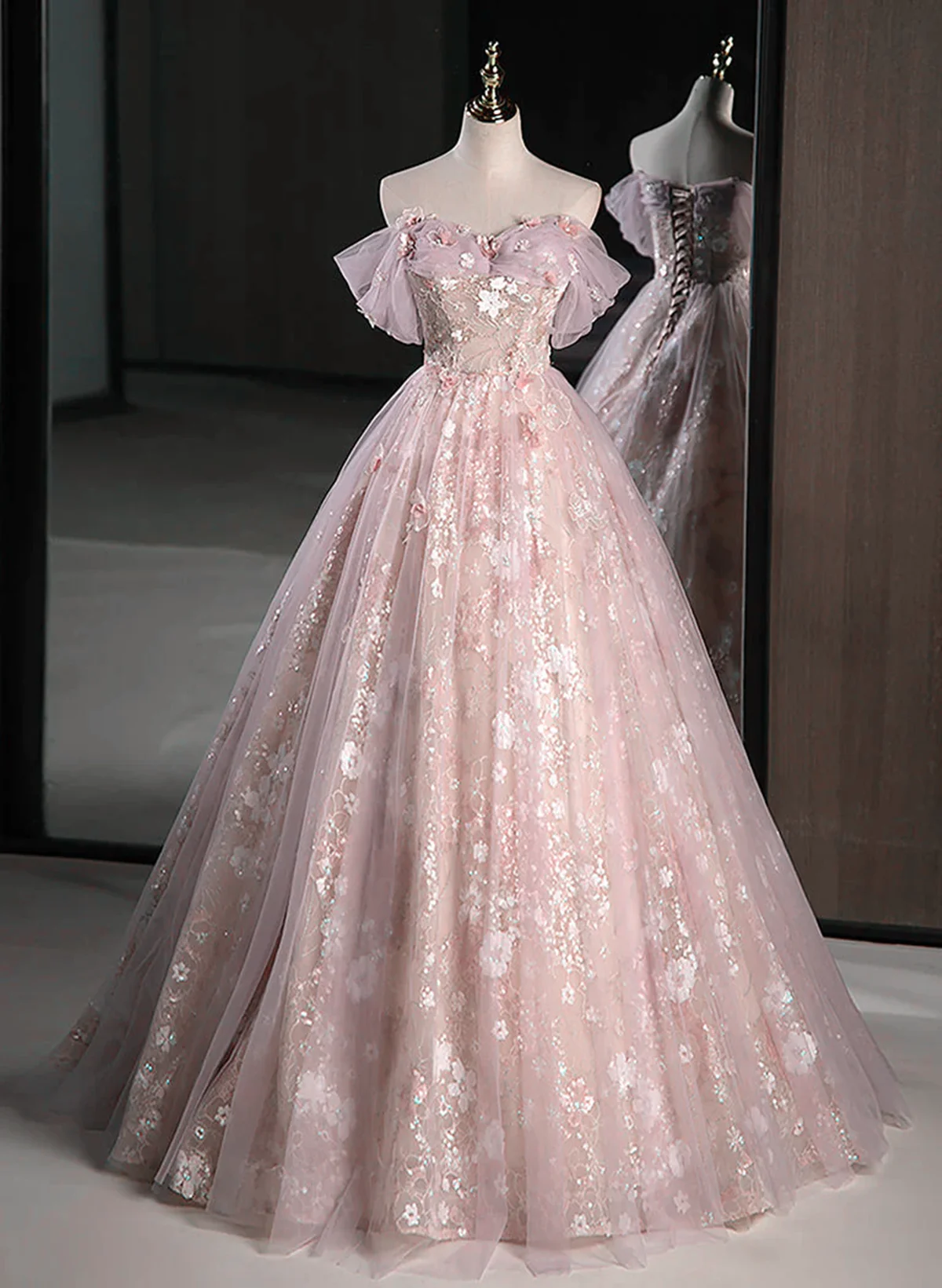 A-Line Pink Off Shoulder Sweetheart Lace And Tulle Formal Prom Dresses, Pink Party Dresses Main image