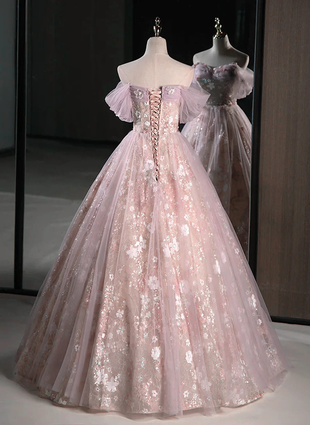 A-Line Pink Off Shoulder Sweetheart Lace And Tulle Formal Prom Dresses, Pink Party Dresses
