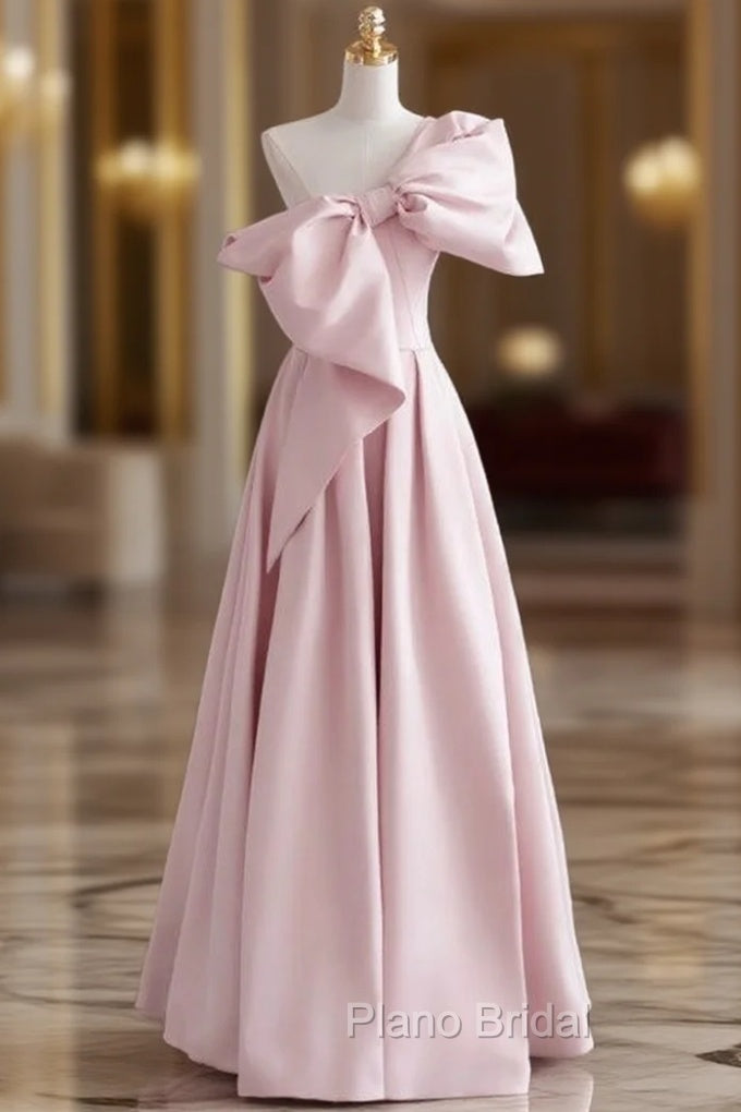 A-Line Pink One Shoulder Bow Formal Prom Dresses Main image