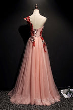 A Line Pink One Shoulder Tulle Red Applique Long Formal Prom Dresses Evening Dresses