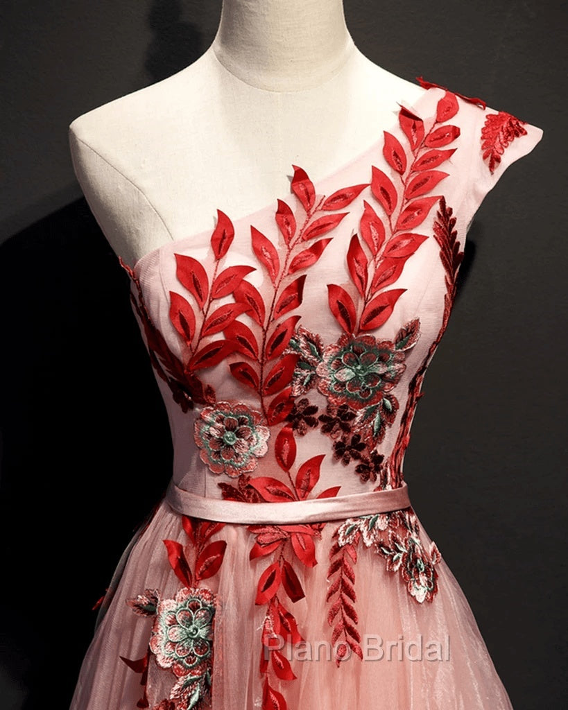 A Line Pink One Shoulder Tulle Red Applique Long Formal Prom Dresses Evening Dresses