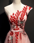 A Line Pink One Shoulder Tulle Red Applique Long Formal Prom Dresses Evening Dresses