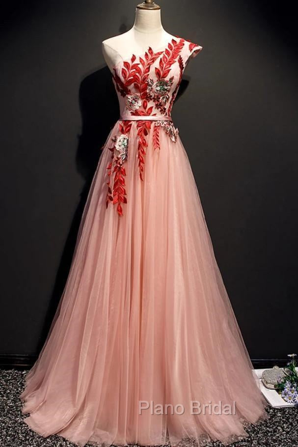 A Line Pink One Shoulder Tulle Red Applique Long Formal Prom Dresses Evening Dresses