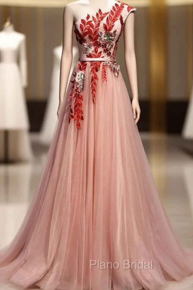 A Line Pink One Shoulder Tulle Red Applique Long Formal Prom Dresses Evening Dresses Main image