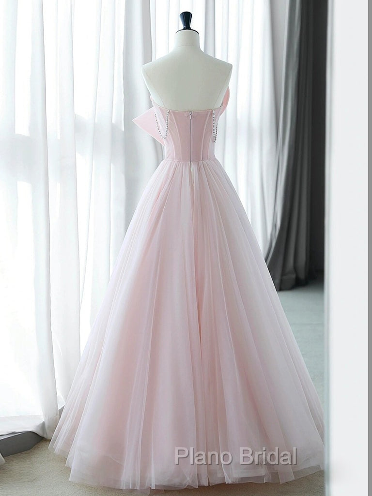 A-Line Pink Organza Long Formal Prom Dresses, Pink Long Formal Dresses