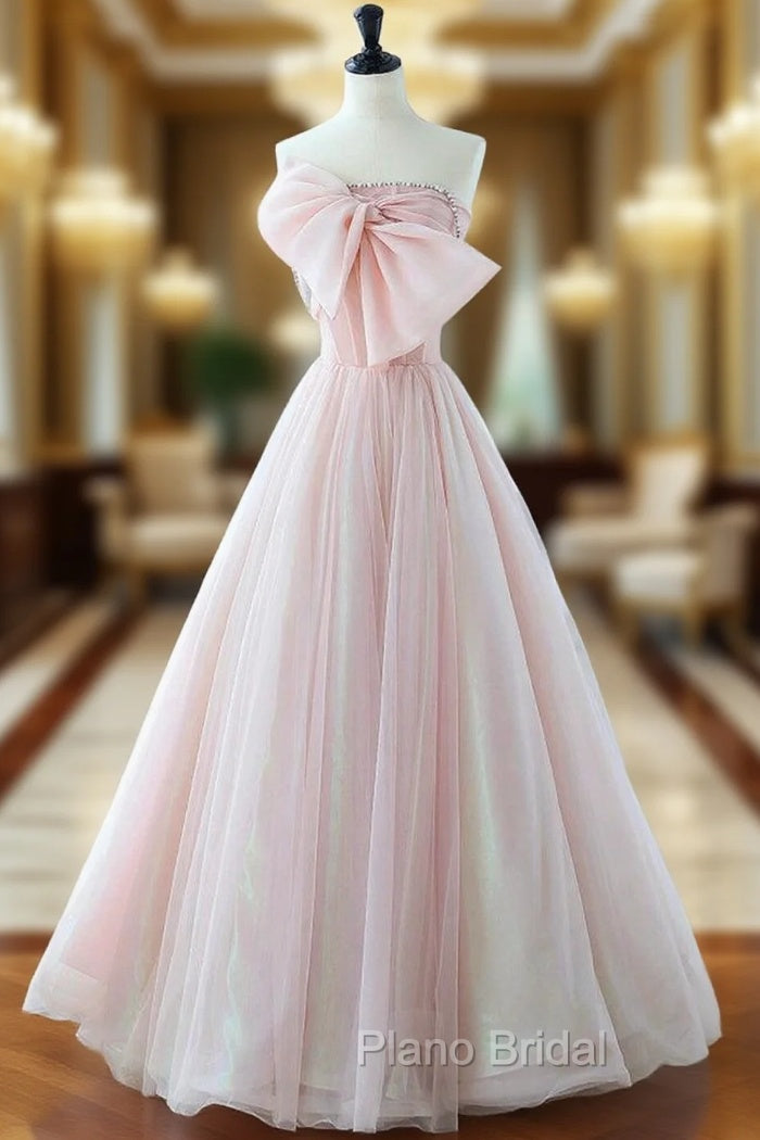 A-Line Pink Organza Long Formal Prom Dresses, Pink Long Formal Dresses Main image