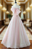 A-Line Pink Organza Long Formal Prom Dresses, Pink Long Formal Dresses