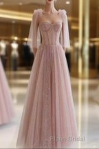 A-Line Pink Round Neck Tulle Long Formal Prom Dresses, Pink Formal Evening Dress