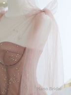 A-Line Pink Round Neck Tulle Long Formal Prom Dresses, Pink Formal Evening Dress