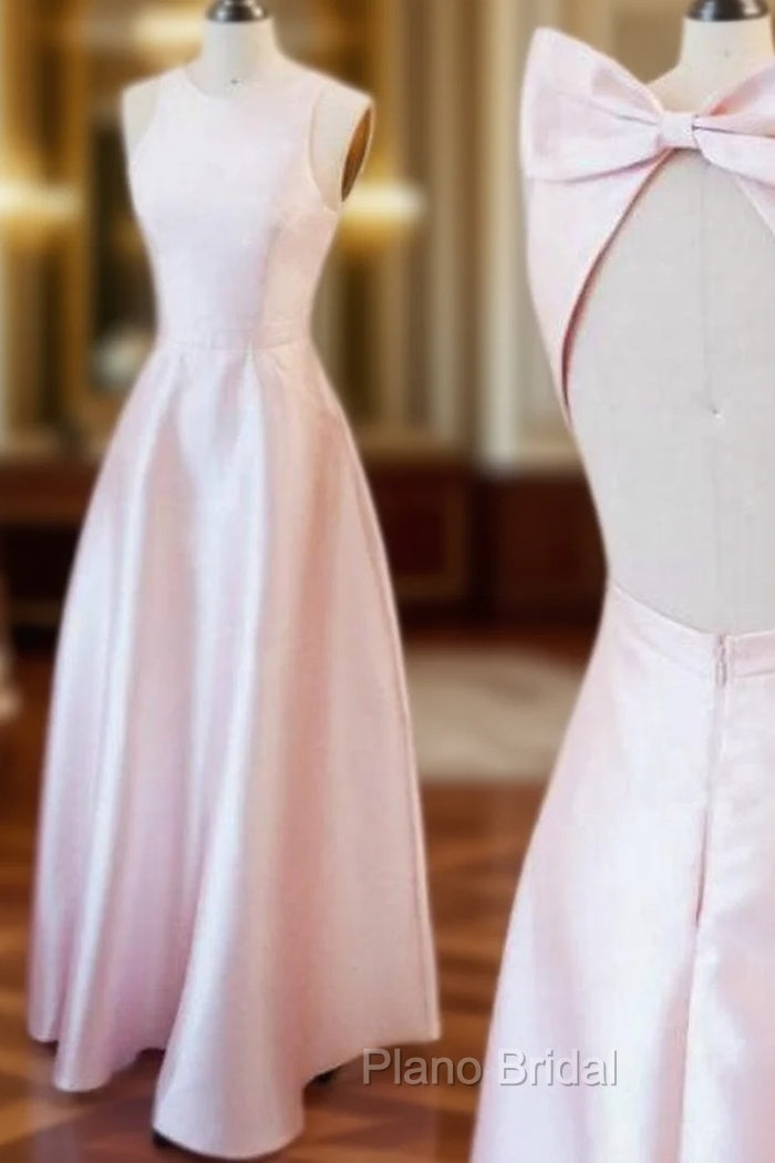 A-Line Pink Satin Backless Floor Length Formal Prom Dresses With Bow